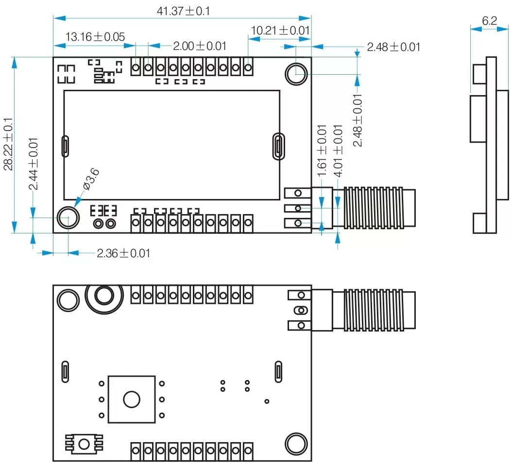 Mechanical dimensions of 1.5W full-featured miniature walkie talkie module SA828 Mechanical dimensions of 1.5W full-featured miniature walkie talkie module SA828
