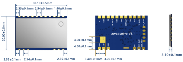 A technical drawing showing the mechanical dimensions of the UWB650Pro V1.1 module in millimeters. The overall dimensions are 30.10 ± 0.5mm (length) by 20.00 ± 0.5mm (width) by 3.10 ± 0.1mm (height). A technical drawing showing the mechanical dimensions of the UWB650Pro V1.1 module in millimeters. The overall dimensions are 30.10 ± 0.5mm (length) by 20.00 ± 0.5mm (width) by 3.10 ± 0.1mm (height).