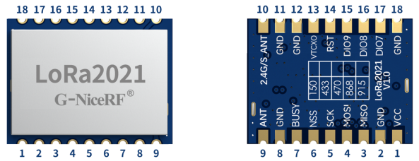 A pin definition diagram for the LoRa2021 module, presenting both the top view with the metal shield and the bottom PCB view. It clearly labels the 18 pins, including power, SPI data lines, and separate antenna interfaces for Sub-GHz (ANT) and 2.4G/S-band (2.4G/S_ANT). A pin definition diagram for the LoRa2021 module, presenting both the top view with the metal shield and the bottom PCB view. It clearly labels the 18 pins, including power, SPI data lines, and separate antenna interfaces for Sub-GHz (ANT) and 2.4G/S-band (2.4G/S_ANT).