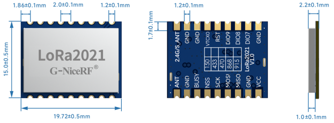 A technical drawing showing the mechanical dimensions of the LoRa2021 module. It displays the top, bottom, and side views with precise measurements, indicating a module size of 19.72mm x 15.0mm and a pin pitch of 1.2mm. A technical drawing showing the mechanical dimensions of the LoRa2021 module. It displays the top, bottom, and side views with precise measurements, indicating a module size of 19.72mm x 15.0mm and a pin pitch of 1.2mm.
