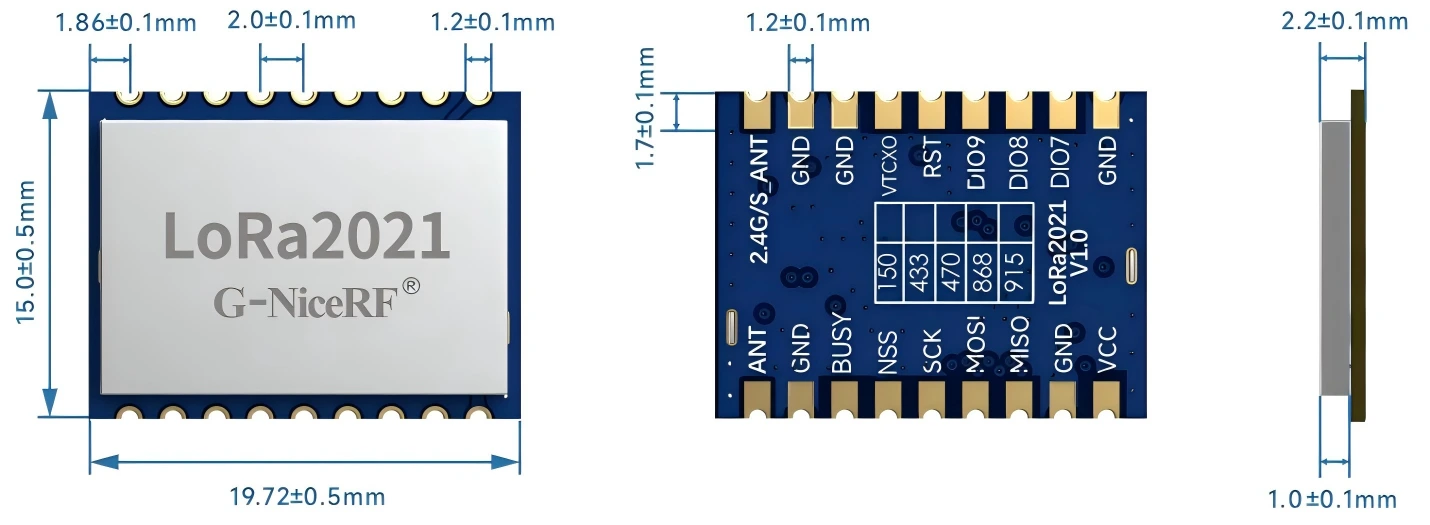 G-NiceRF LoRa2021 module dimensions and side profile (19.72 × 15.0 × 2.2 mm) G-NiceRF LoRa2021 module dimensions and side profile (19.72 × 15.0 × 2.2 mm)
