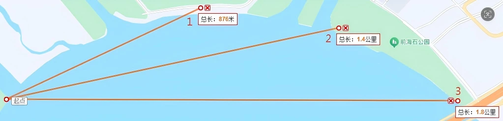 OH Bay test route map showing distance points: 876 m, 1.4 km, and 1.8 km OH Bay test route map showing distance points: 876 m, 1.4 km, and 1.8 km