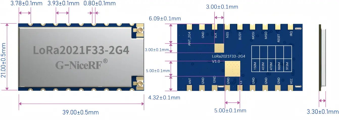 LoRa2021F33-2G4 mechanical dimensions drawing (39.0 × 21.0 × 3.3 mm) with pad spacing and side profile measurements. LoRa2021F33-2G4 mechanical dimensions drawing (39.0 × 21.0 × 3.3 mm) with pad spacing and side profile measurements.