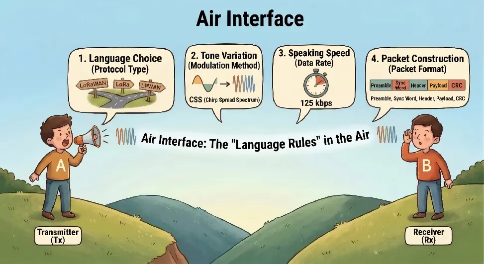 Air Interface concept diagram illustrating LoRa signal transmission rules through the air Air Interface concept diagram illustrating LoRa signal transmission rules through the air