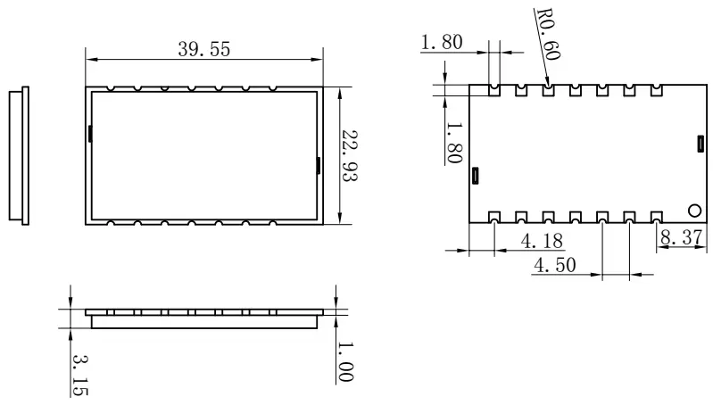 Mechanical dimensions of wireless UART LoRa module LoRaStar610 Mechanical dimensions of wireless UART LoRa module LoRaStar610