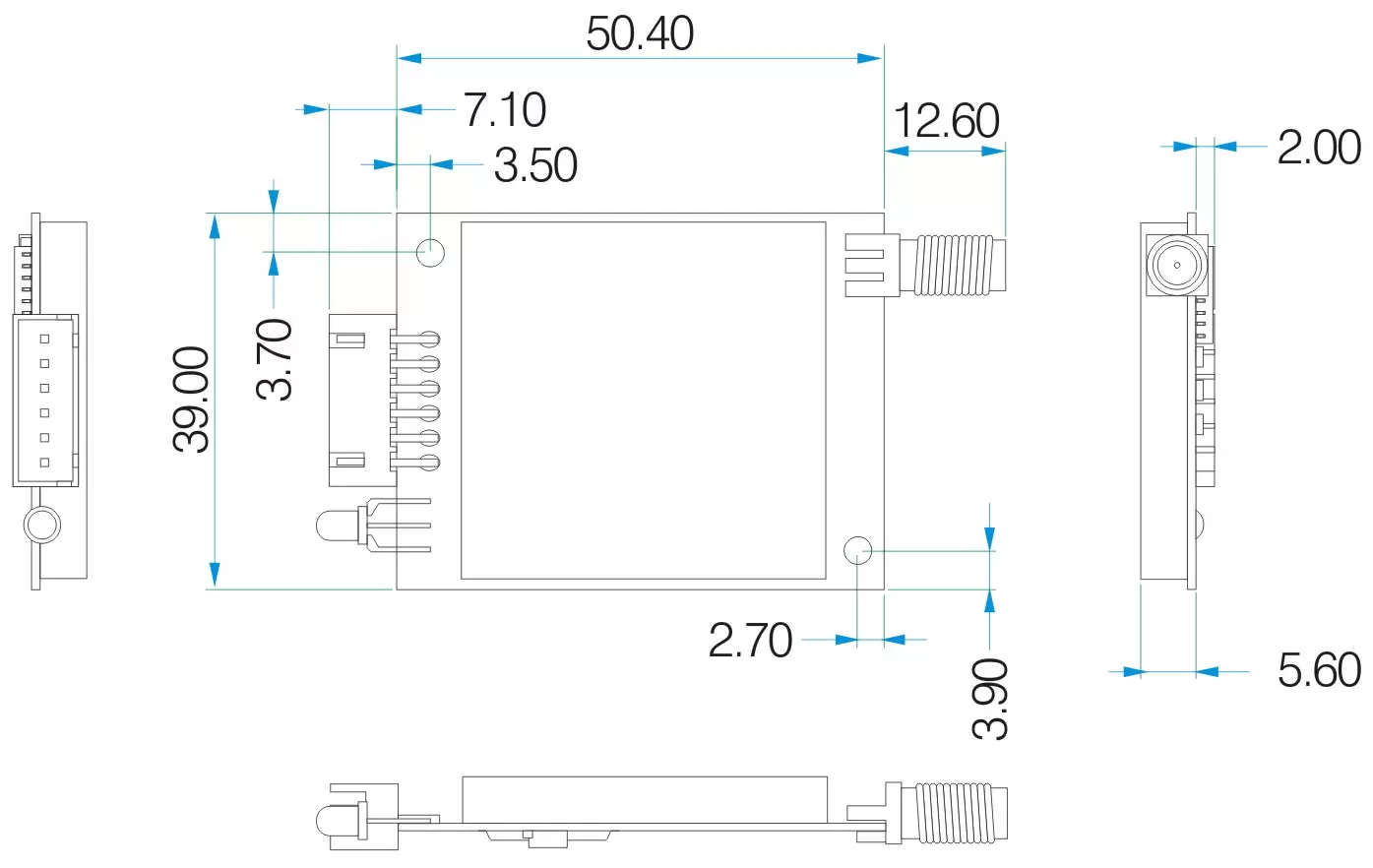 Mechanical dimensions of wireless UART LoRa module LoRaStar6100 Mechanical dimensions of wireless UART LoRa module LoRaStar6100
