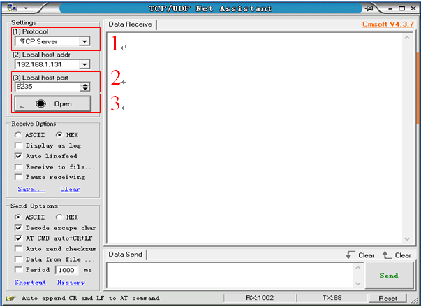 Select TCP Server in Protocol, keep Locol host IP as default, and set Locol host port to Remote Port set in the gateway
