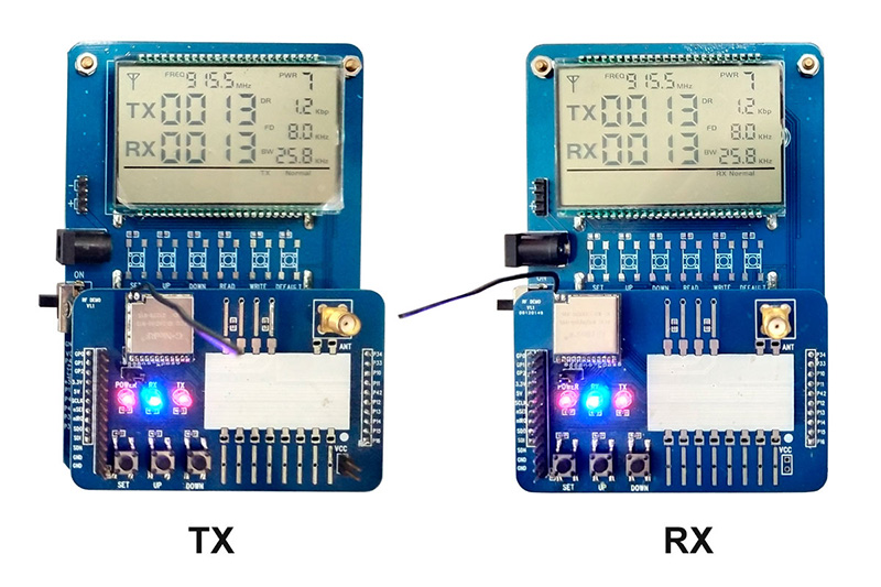 Power on and set the two RF modules RF4463PRO DEMO boards