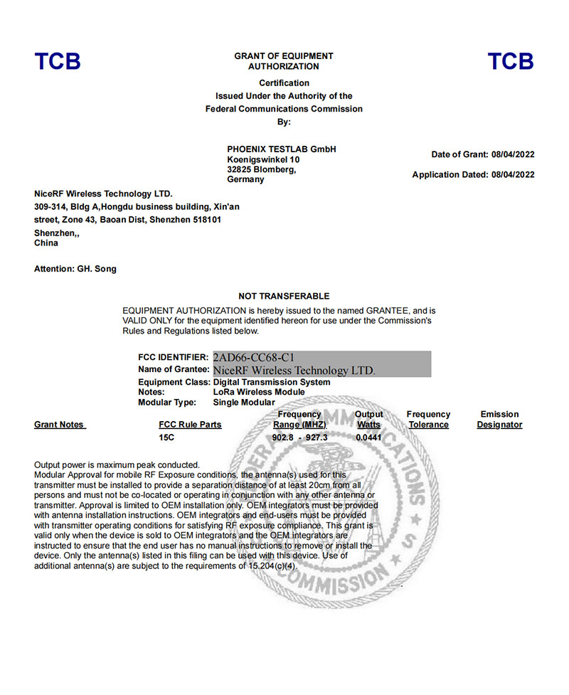 NiceRF got FCC ID certificate of its new LLCC68 LoRa module CC68-C1.