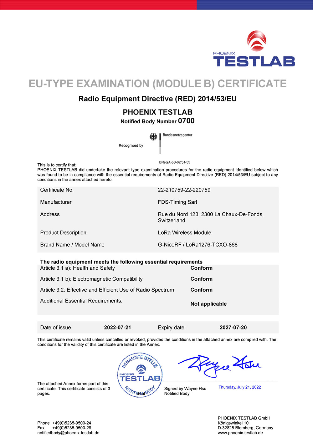 LoRa Module LoRa1276-TCXO-868 Pass CE-RED Certification