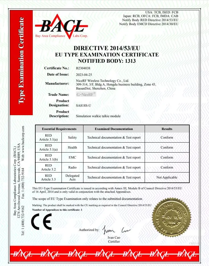 Walkie-talkie module SA818S-U has obtained CE certification