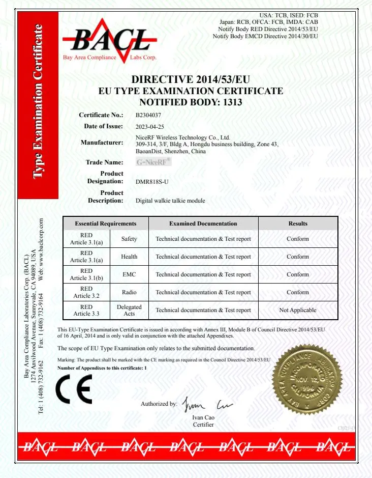 Walkie-talkie module DMR818S-U has obtained CE certification