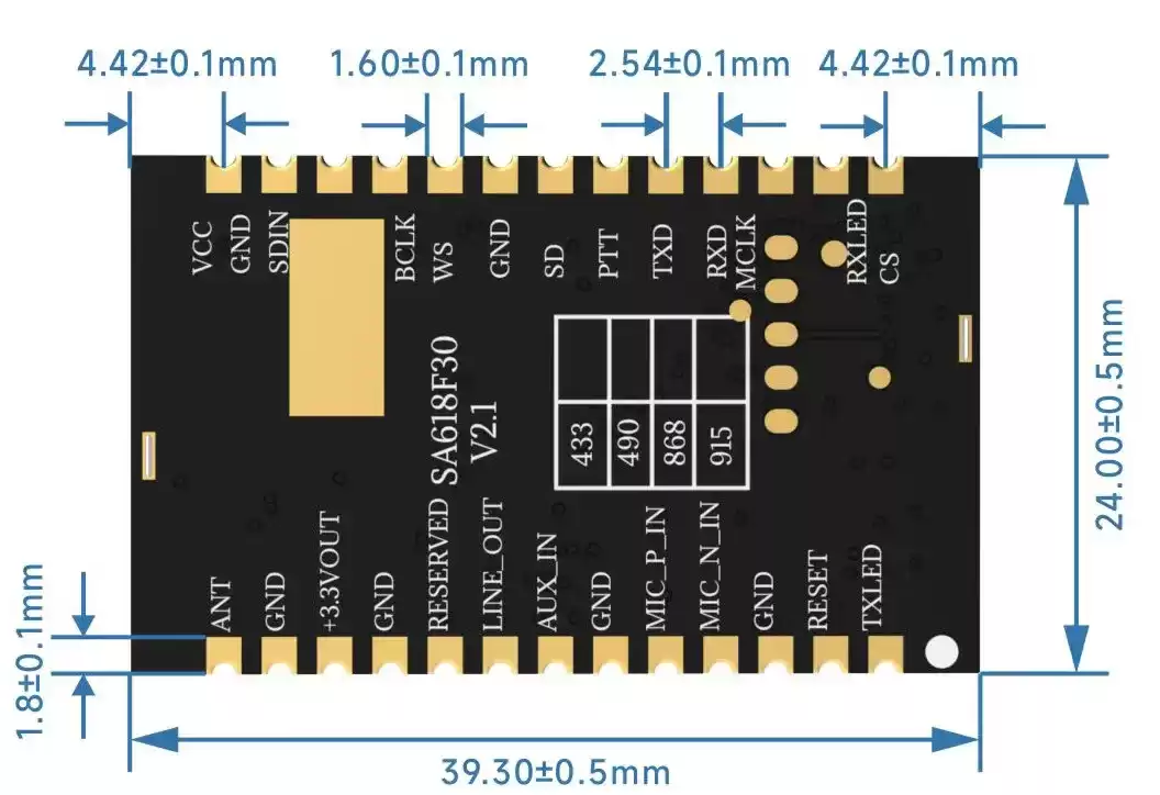 Size of audio transceiver module SA918F30 Size of audio transceiver module SA918F30